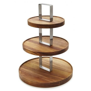 Eco-Friendly Natural 2-<b>Tier</b> Wooden <b>Cake</b> Stand And Dessert Display Rack Modern Handmade Acacia Wood Holder With Metal Handle - Product Image 2