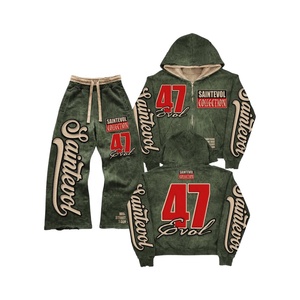 Chándal de algodón personalizado con capucha cortavientos, estilo urbano, con parches bordados desgastados, logo, diseño de diamante, oversize, efecto descolorido por el sol y lavado ácido. - Product Image 1