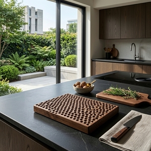 Planche de service en teck massif de qualité alimentaire, à fossettes, sculptée naturellement, dessous de plat en bois, accessoires de cuisine écologiques faits à la main, présentoirs - Product Image 3