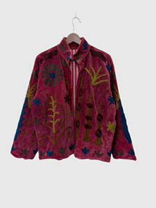 Veste en velours brodée à la main avec des motifs floraux, manches longues, col montant, taille plus, pour femmes adultes, style chic prairie, vêtements d'automne - Product Image 1