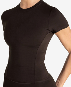 Conjunto Deportivo para Mujer, Top de Yoga Negro sin Costuras con Cuello Redondo y Manga Corta, Pantalones Cortos de Cintura Alta, Spandex y Poliéster, Color Sólido, Diseño Simple - Product Image 4
