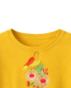Camiseta Corta Dorada para Mujer con Bordado Floral de Pájaros, Manga Corta, Casual, de Moda, Mezcla de Algodón Suave, Top de Verano para Dama, Venta al por Mayor - Product Image 3