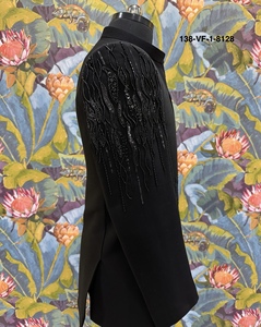 เสื้อเบลเซอร์แบบมีรหัสสี  ผ้าไหมโทนสีดำ  ประดับด้วยลูกปัดแก้วสีดำ  ลาย Asymmetrical Midnight Willow Flow Black TR Lachka Jodhpuri Jet Black - Product Image 3