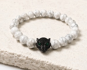Bracelet en perles rondes en pierre naturelle, micro-pavé CZ, charme animal, tête de léopard panthère, élastique, extensible, pour homme et femme - Product Image 4