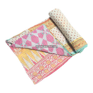 100% Cotton Indian Handmade Vintage Washable <b>Quilt</b> Kantha <b>Throw</b> Gudri Reversible Bedspread Printed Hand-Stitched Heavy <b>Throw</b> Old - Product Image 4