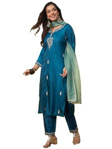 Ensemble Salwar Kameez en soie bleue traditionnelle avec poignets brodés et dupatta pour femmes, tenue décontractée, style Inde Pakistan - Product Image 2