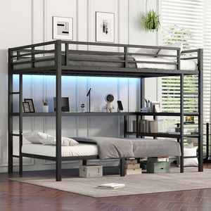 Letto a Castello Full XL Sopra Letto Singolo con LED e USB, Struttura in Metallo Stabile, Scrivania Nera e Scaffali per Posizionamento Multiplo - Product Image 1