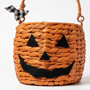 Modern Pumpkin Halloween Woven Storage <b>Basket</b> <b>with</b> <b>Lid</b> Circle Shape Multifunction Candy Bowl for Home and Festive Decor - Product Image 2