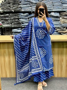 <b>Women</b> Blue Cotton <b>Kurta</b> Dupatta Set Hand Drawn Ethnic Wear India Pakistan Summer Casual 85992 SHAGUN- Lahriya Bandej - Product Image 1