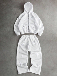 Unisex <b>White</b> Hooded Tracksuit Set Embossed Cross Design Full Zip Sweatshirt <b>Jogger</b> Pants Casual Loose Fit Autumn Wear - Product Image 5