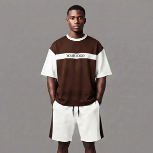 Ensemble d'été 2 pièces pour homme 100 % coton bicolore, coupe classique, avec logo imprimé 3D en relief personnalisé, respirant, streetwear, grandes tailles, vente en gros - Product Image 3