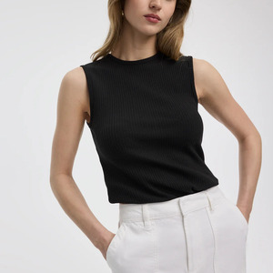 <b>Women's</b> <b>Black</b> Sleeveless Knitted <b>Top</b> Crew Neck Slim Fit Solid Color Minimalist Spring Summer Breathable Cotton Spandex - Product Image 2