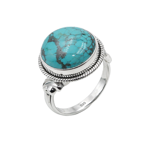 Natural Tibetan Turquoise 925 Sterling Silver <b>Ring</b> Handmade Round Cabochon <b>Statement</b> Vintage Boho Jewelry Gift for Women Unisex - Product Image 1