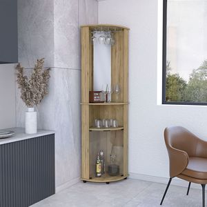 Mobile Bar Angolare a Specchio Chicago 75 H con Due Ripiani, Ante in Vetro e Portabicchieri, Colore Macadamia - Product Image 3
