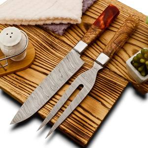 Lot de 2 couteaux de chef et fourchettes en acier Damas forgé à la main, pour découper le brisket, découpeur-trancheur pour barbecue extérieur, manche en bois d'olivier, OEM, faibles MOQ - Product Image 1