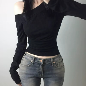 Top de punto asimétrico de moda para mujer, camisa de manga larga con abertura lateral y botones, transpirable, de secado rápido y elegante. - Product Image 2
