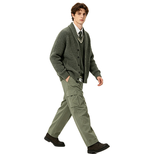 Breathable Side Seam Plaid Wide Trousers Men Casual Street Uniform High Density Woven Cotton Pleat <b>Pants</b> - Product Image 4