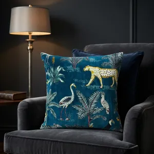 Teal <b>Blue</b> Cotton Velvet Pillow home text Cover with Leopard Birds and Forest Print Luxury Decorative <b>Throw</b> Cushion Cover - Product Image 4