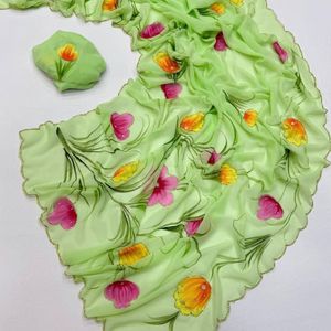 Sari de mariage traditionnel haut de gamme en georgette pure avec blouse brodée à la main à motif floral Khatli, séchage rapide, toutes saisons, par Royal E - Product Image 2