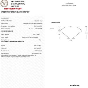 Diamant de laboratoire taille émeraude 4,03 ct, fantaisie orange clair VS2, certifié IGI - Product Image 3
