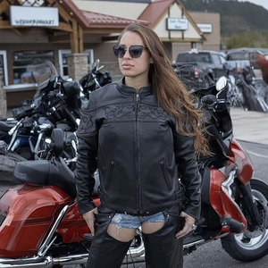 SAMROZ SPORTS Women's Crossover Black Leather Scooter Jacket w/Reflective Skull Graphic - Product Image 4