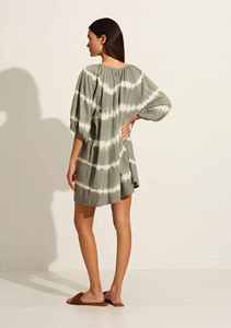 Women <b>Boho</b> Dark Gray Tie Dye Cotton Mini <b>Dress</b> V-Neck Puff Sleeve Casual <b>Summer</b> <b>Dress</b> - Product Image 2
