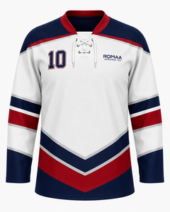 Camiseta de hockey sobre hielo para hombre, sublimada, personalizada, en blanco, azul marino y rojo, con cuello con cordones y nombre y número personalizados. - Product Image 5