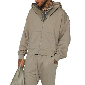 Cropped Men Zip up Hoodie Unisex Oversized Streetwear Heavyweight Full Zip up Pullover Sudaderas con capucha en blanco - Product Image 2