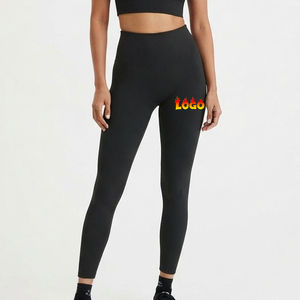 Leggings de yoga côtelés taille haute sans couture extensibles dans les quatre sens pour femme, longueur intégrale, noirs avec logo – Fabricant OEM - Product Image 1
