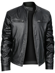 Chaqueta de cuero genuino azul para hombre, tejida, con logo frontal, capucha, cuello alto, cremallera, estilo motero, corte ajustado, color liso, primavera - Product Image 3