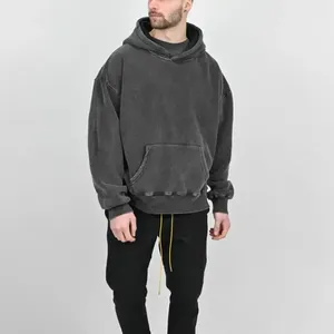Custom Acid Wash Knit Oversized Hoodie Distressed Pullover No <b>String</b> Heavyweight Unisex Boxy <b>Black</b> Acid Wash Oversized Men - Product Image 4