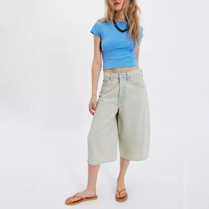 Custom Exposed Seam Short Sleeve Crew Neck Knitted T-Shirt Slim Fit Women's Blue Crop Top Casual <b>Spring</b> Summer Style Women Tees - Product Image 3