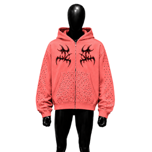 Heavyweight Coral Pink Oversized Zip Up Hoodie Gothic Tribal With Punk Inspired Apparel Alternative Streetwear Artistic Tribal - Product Image 1
