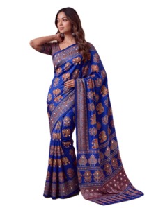 Sari Tradicional Indio de Seda con Estampado Digital Ajrak, Diseño de Elefantes Azules, para Bodas, Largo hasta el Suelo, Corte Regular para Mujer - Product Image 2