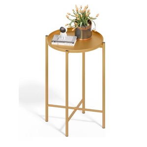 Scandinavian Mustard Gold Accent <b>Table</b> – <b>Matte</b> Yellow-Gold Circular Tray Nightstand with Slender Folding Frame Base - Product Image 1