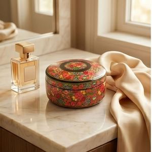 Premium Handcrafted Round Paper Mache Keepsake <b>Box</b> Crimson Floral Tapestry Traditional Kashmiri Indian Artisan <b>Gift</b> - Product Image 4