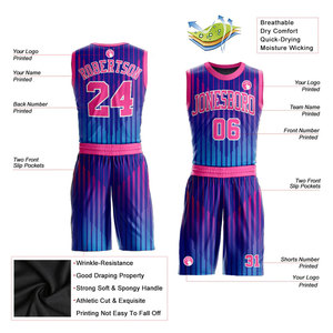 Custom Sublimated Basketball Jersey Set Blue Pink Striped Mesh Sleeveless Tank Top With Elastic Waist Shorts Unisex Adult - Product Image 2