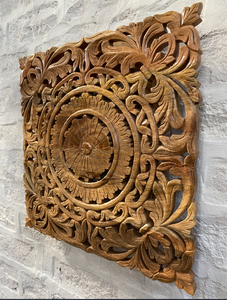 Panneau mural décoratif carré en bois massif naturel sculpté à la main avec motifs floraux pour la tête de lit, les canapés et les murs de salon et chambre - Product Image 6