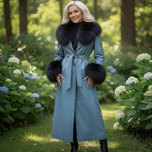Abrigo Largo de Cuero Sintético para Mujer con Diseño de Cinturón, Cuello de Piel de Zorro y Forro de Seda - Venta al por Mayor Personalizada - Product Image 1