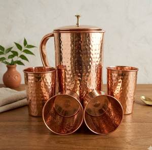 Copper Pitcher With Hammered Texture And Handle Lids Eco-Friendly Home Drinkware - Product Image 2