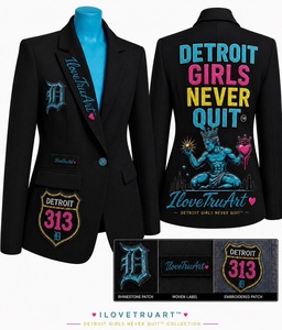 J'aime TruArt ™   Blazer noir pour femme, collection Detroit Girls Never Quit, design brodé avec strass, style décontracté et tendance - Product Image 1
