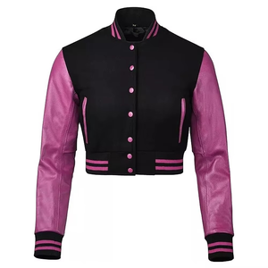 <b>Women's</b> <b>Black</b> Pink <b>Wool</b> Windproof Crew Neck Cropped Full Sleeve Varsity <b>Jacket</b> with Silk Lining for Autumn Winter - Product Image 4