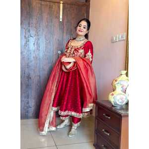 Chinon Silk Anarkali Gown Dupatta Pant Plazzo Set para mujer Ropa de fiesta elegante con hermoso diseño de seda pura - Product Image 2