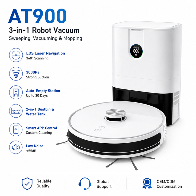 Robot Aspirador AT900 Con Estacion De Vaciado 3 En 1 Mapeo Laser LDS 2000PA 2600mAh APP Control OEM ODM Fabrica