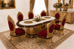 Juego de comedor de 6 plazas con acabado en hoja de oro premium y intrincados tallados florales. Compre mesa y sillas de comedor para el hogar. - Product Image 4