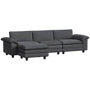 Divano Angolare a L Grigio Scuro con Seduta Profonda, Rivestimento in Pelle Chenille, Pouf Mobile e Braccioli Imbottiti per Soggiorni - Product Image 1