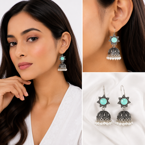 Bulk Price Black Blue Stone Jhumki <b>Earrings</b> Oxidized <b>Silver</b> Indian <b>Dangle</b> <b>Earring</b> Boho Ethnic Jewelry Pearl Jhumka Gift 4 Women - Product Image 2