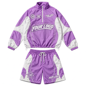 Custom <b>Men's</b> <b>Lightweight</b> Nylon Windbreaker Tracksuit Patchwork Hoodie and <b>Shorts</b> for Independent Urban Streetwear Brands - Product Image 2