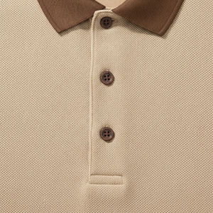 Polo en coton piqué beige pour homme, manches courtes, couleur unie, décontracté, respirant, coupe classique, design tricoté - Product Image 2