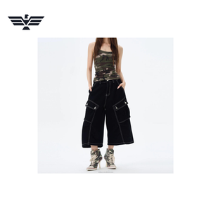 <b>Women's</b> <b>Black</b> Denim Cargo <b>Shorts</b> Mid Waist Casual Breathable Streetwear Style with Pockets Topstitch Summer Woven Fabric - Product Image 2